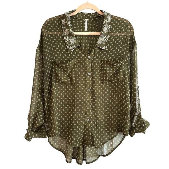 Free People Tops - FREE PEOPLE Easy Rider Army Olive Green Boho Sheer Pattern Blouse Top - Small